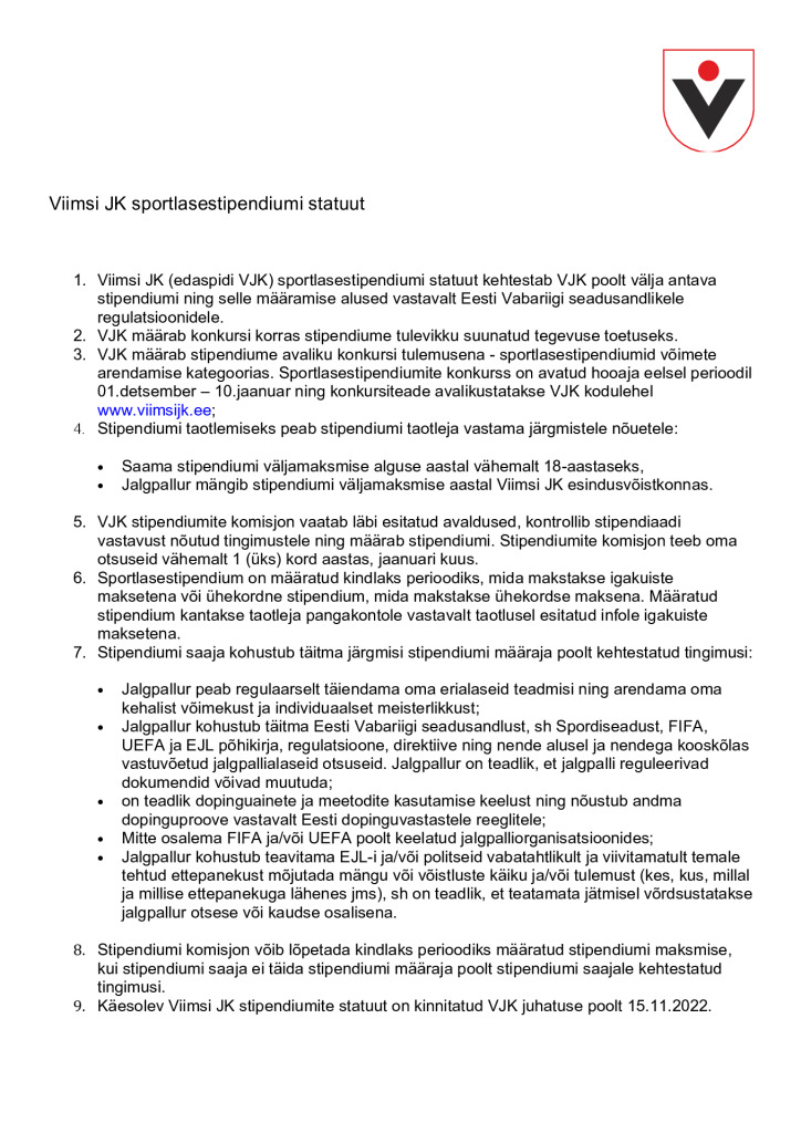 thumbnail of Viimsi JK sportlasestipendiumi statuut 2023